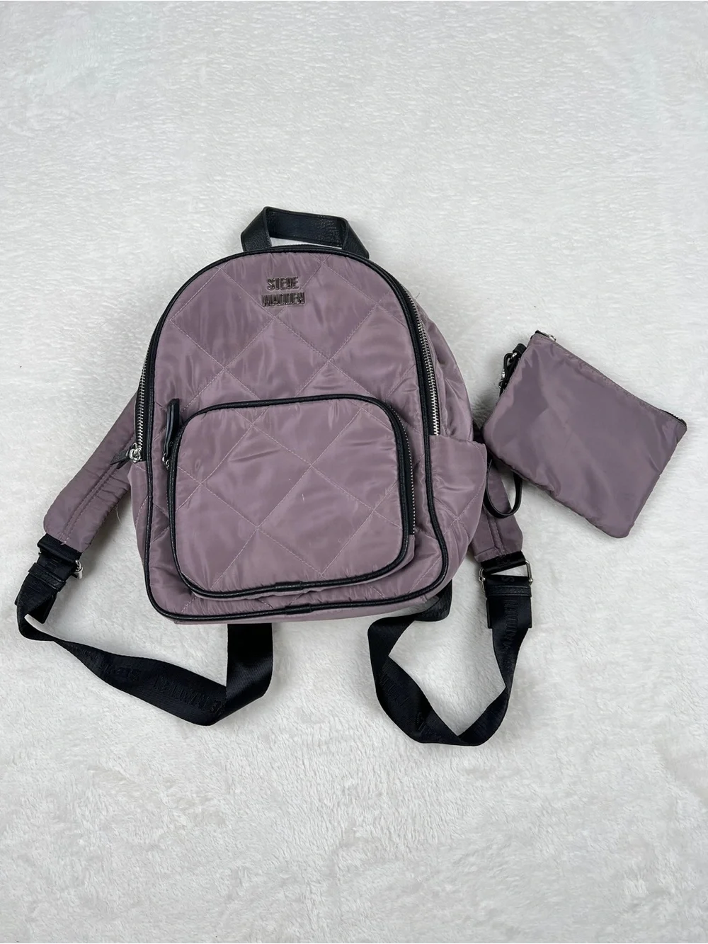Steve Madden Quilted Nylon Mini Backpack w/ Matching Pouch Purple EUC